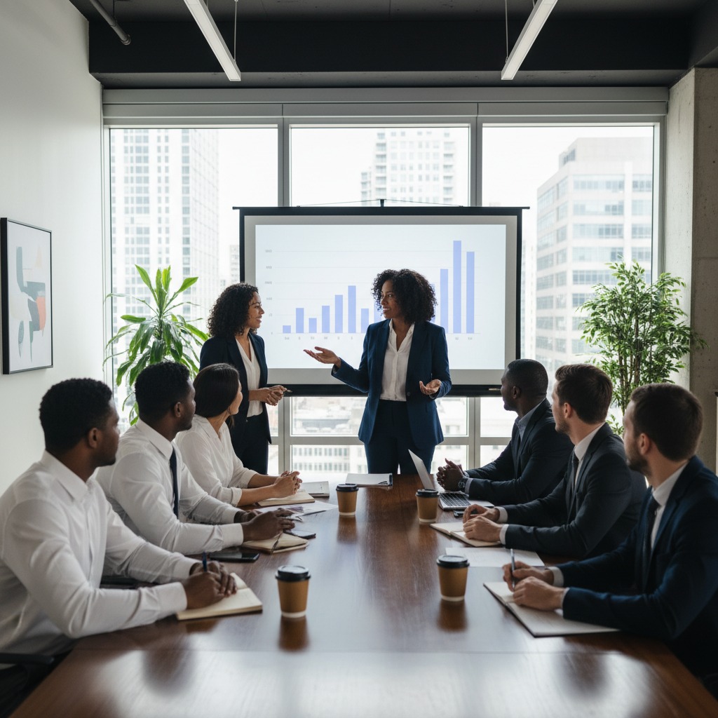 a meeting in a office with black and white people. the leader must be a black